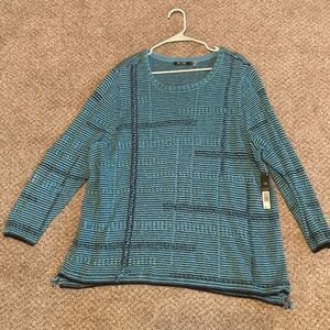 New With Tag NIC+ZOE blue striped knit sweater 1X geometric design Cotton Blend